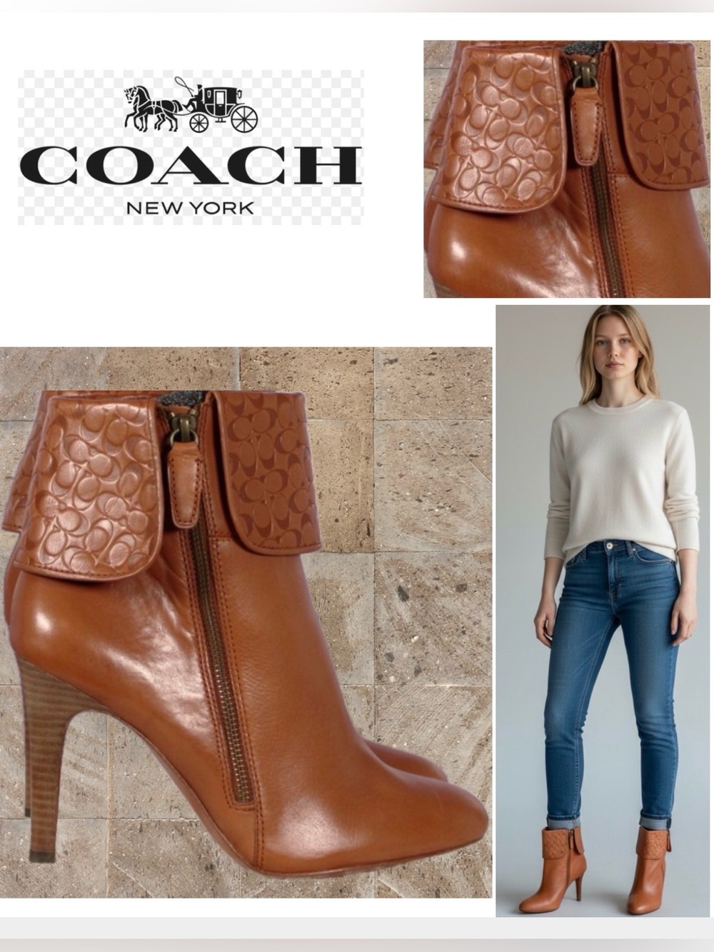 Coach Tan Leather Fold-Over Cuff Ankle Booties with Side Zip